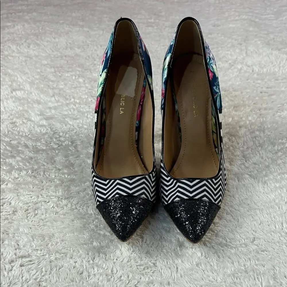 Shoe Republic LA floral zig zag glitter stiletto heels, size 8‎